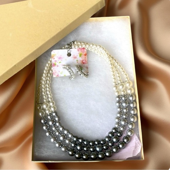 Paparazzi Multi strand pearl necklace & earrings  Hombre Cream & Gray NWOT - Picture 9 of 14